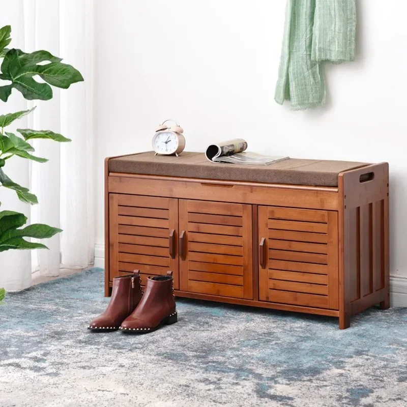 Simple Modern Rustic Solid Wood Multi Function Shoe Bench Stool with Storage Rack Cabinet for Entryway Try On Shoes