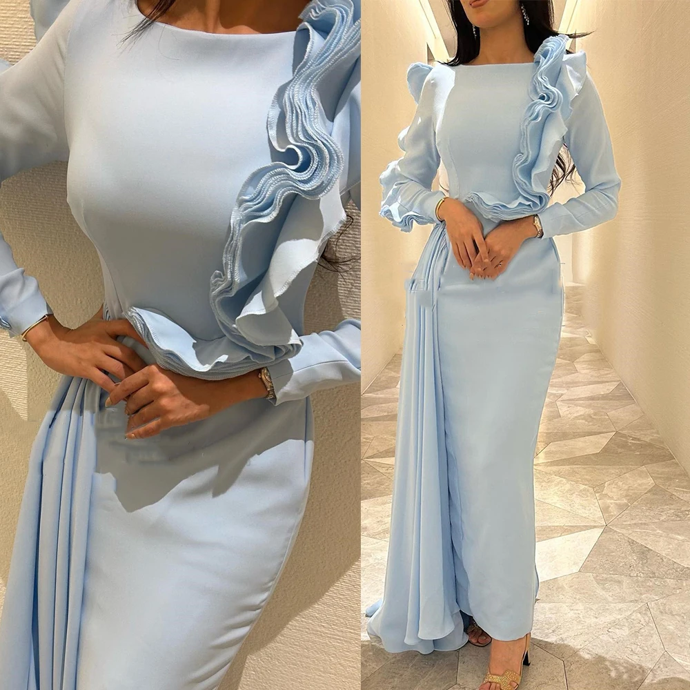 

Evening Dresses Long Sleeve Solid Color Round Neck Sexy Sheath Prom Gown Vintage Formal Party Dress فساتين سهرة فخمه