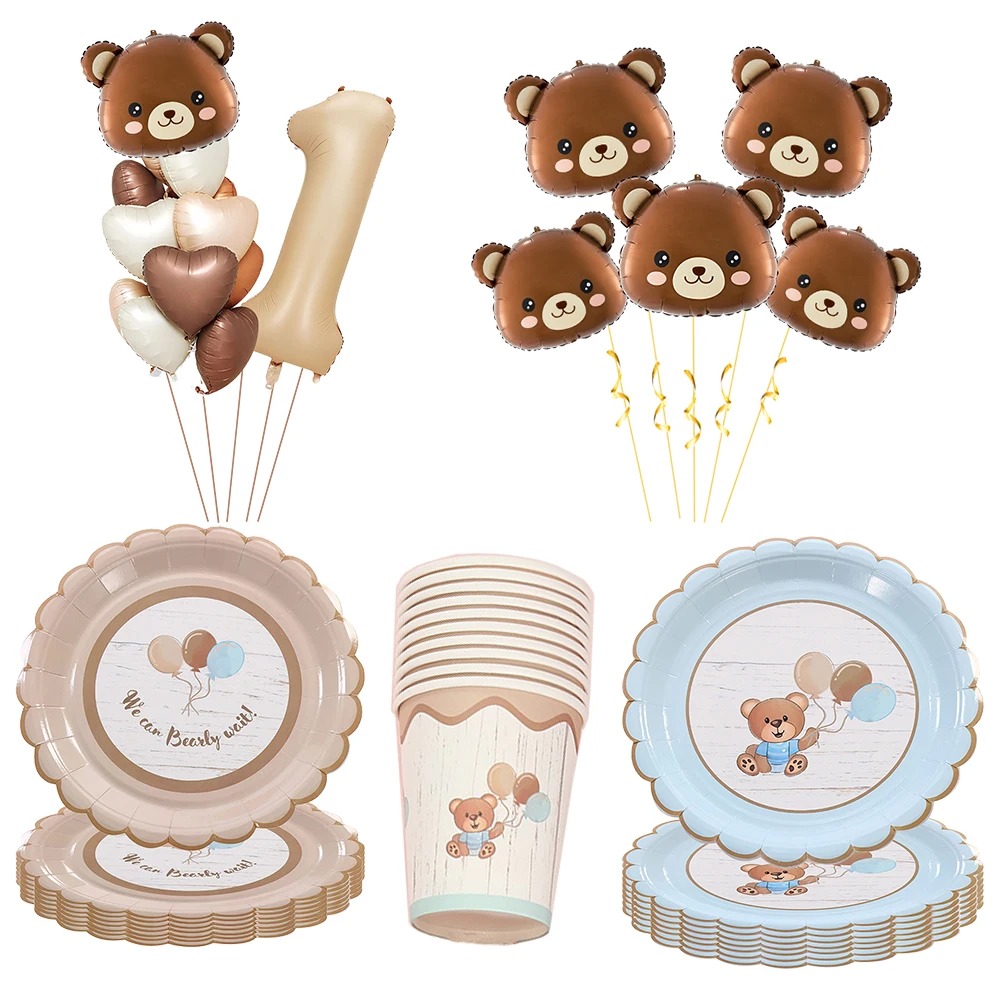 Baby shower Teddy Bear Birthday Party Plates Cup Tableware Kids 1st Birthday Party Decor Teddy Bear Balloon Birthday Party decor