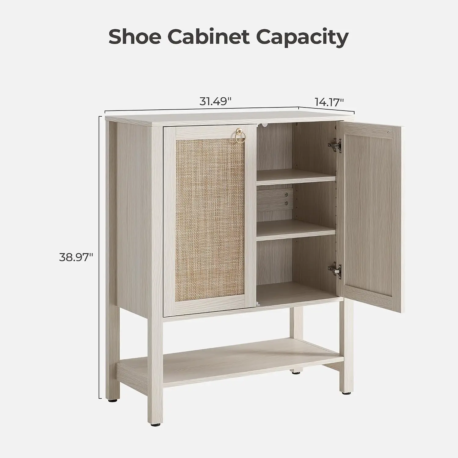 Shoe Cabinet Storage Organizer, Freestanding Footwear Cupboard Rack For Entryway Hallway, Rattan Double Door Design Large Capacity Tiered Shelves, Modern Bohemian Style, Cream Oak, Single Unit