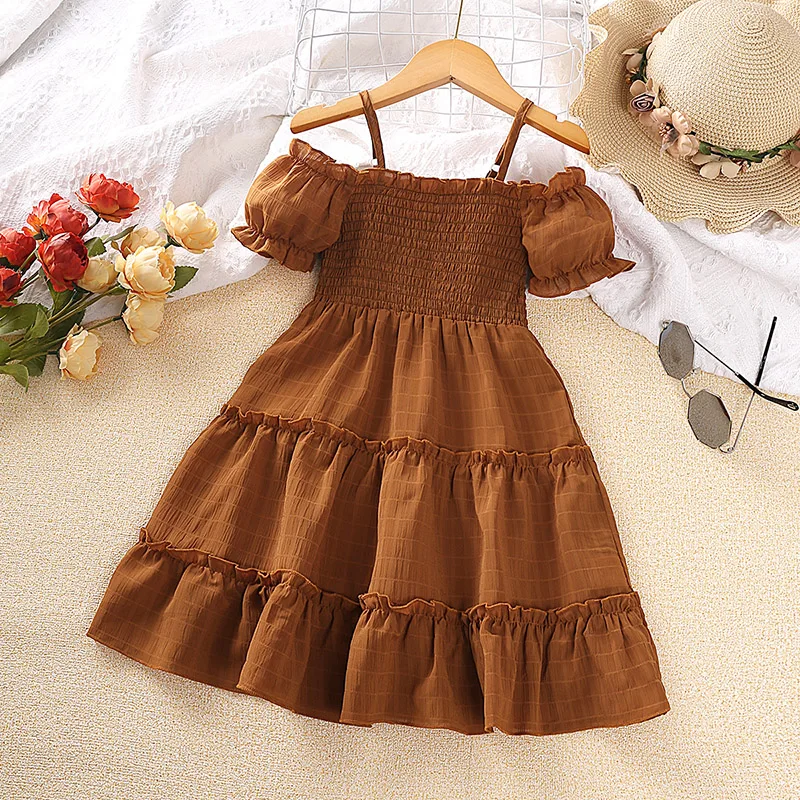 2023 New Kids Dress For Girls 4-7 Years Brown Strap Off Shoulder Short Sleeved Dress Casual Style Vacation Holiday Clothes