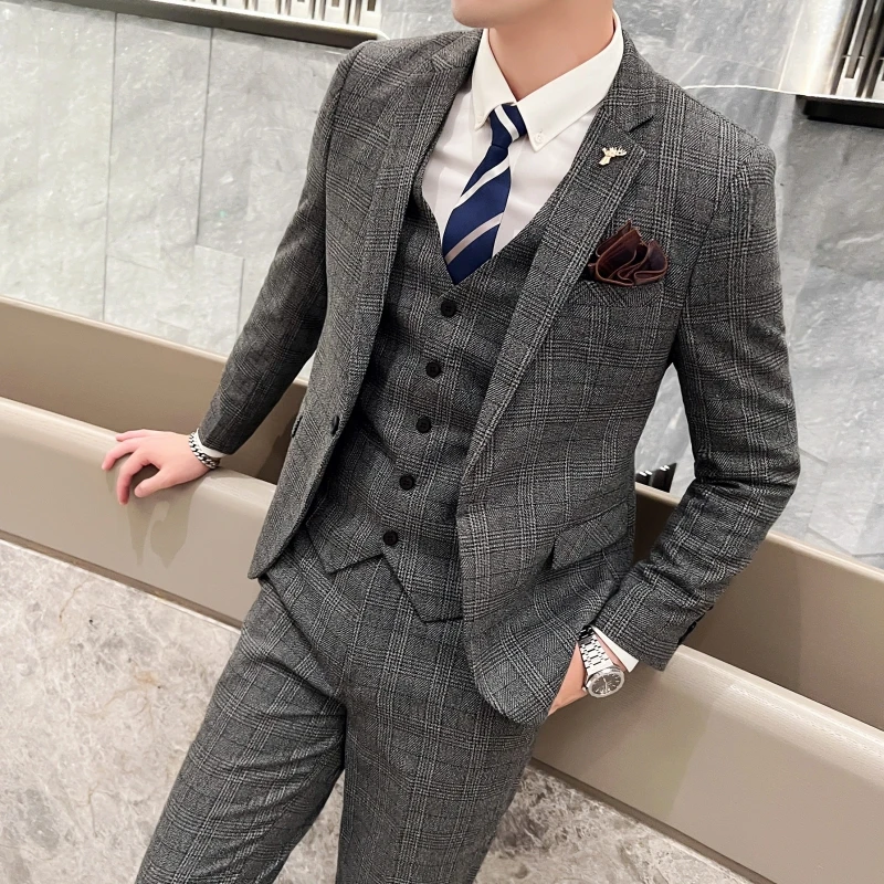 2023 Men's British Fashion Three-piece Set Slim Fit Suit Vest Trousers Ensemble Handsome Trendy All-in-one Banquet Blaze 16 S220de44c2445488983b0ef2711ced34eM