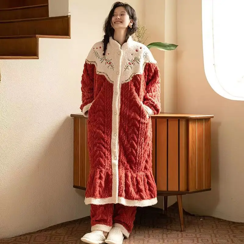 2024 Winter New Robes Chinese Style Women's Nightgown Single Breasted Long Warm Home Furnishings