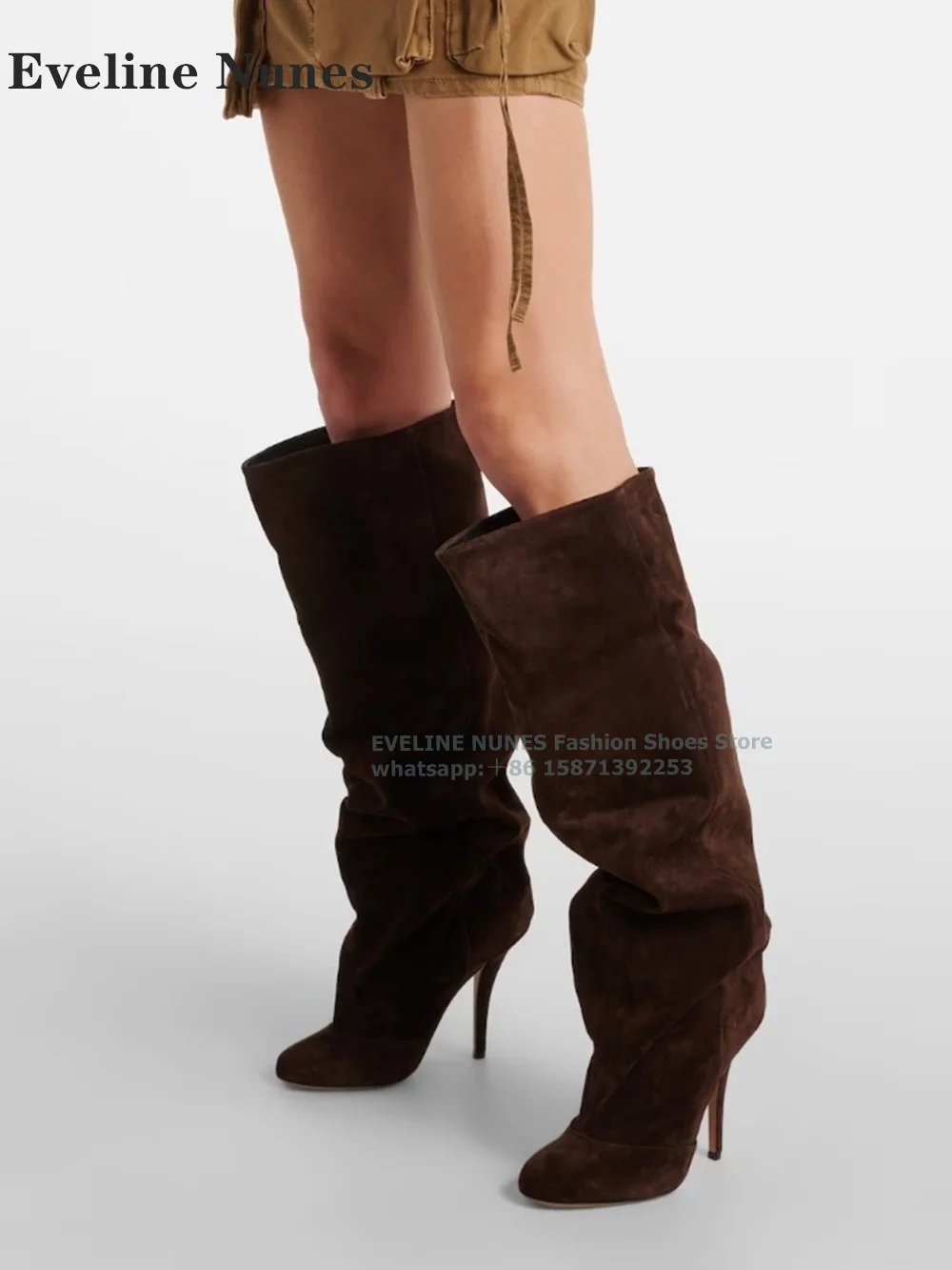 

Round Toe Pleated Splicing Slouch Boots Thin Heels Pull On Large Size Sexy Solid Knee High Boots Concise Street Style 2024 Trend