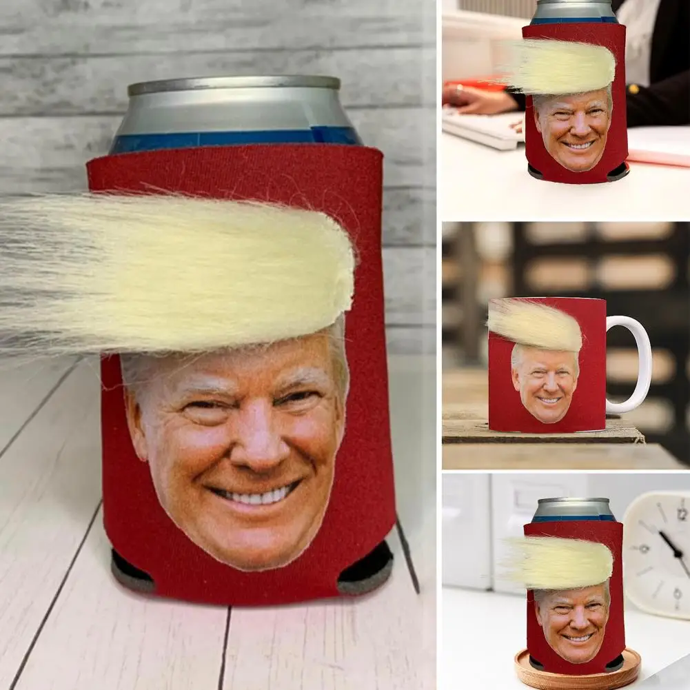 Non-slip Handle Cup Cover Trump Hair Style Cup Cover Holder for 30/40/50/60 Oz Bottles Glass Drinks Durable Pu Leather for Water