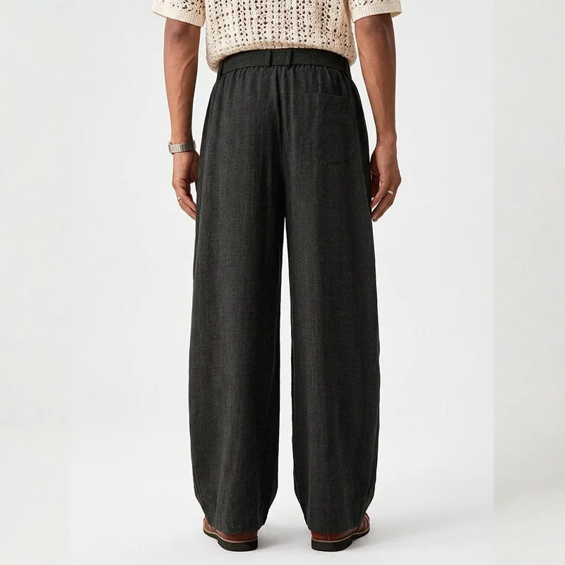 KIDWHXR Herrenhose, locker geschnitten, mittelhoher Bund, atmungsaktiv, Vintage-Plisseehose, gerade geschnitten, mit Kordelzug, Business Casual Herrenhose – Detail 3