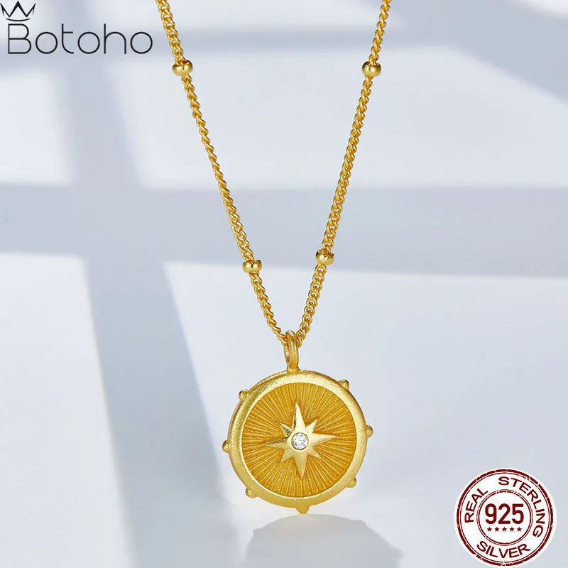 925 Sterling Silver 18K Gold Plated Zircon Round Stripe Coin Eight-Pointed Star Lucky Charm Necklace