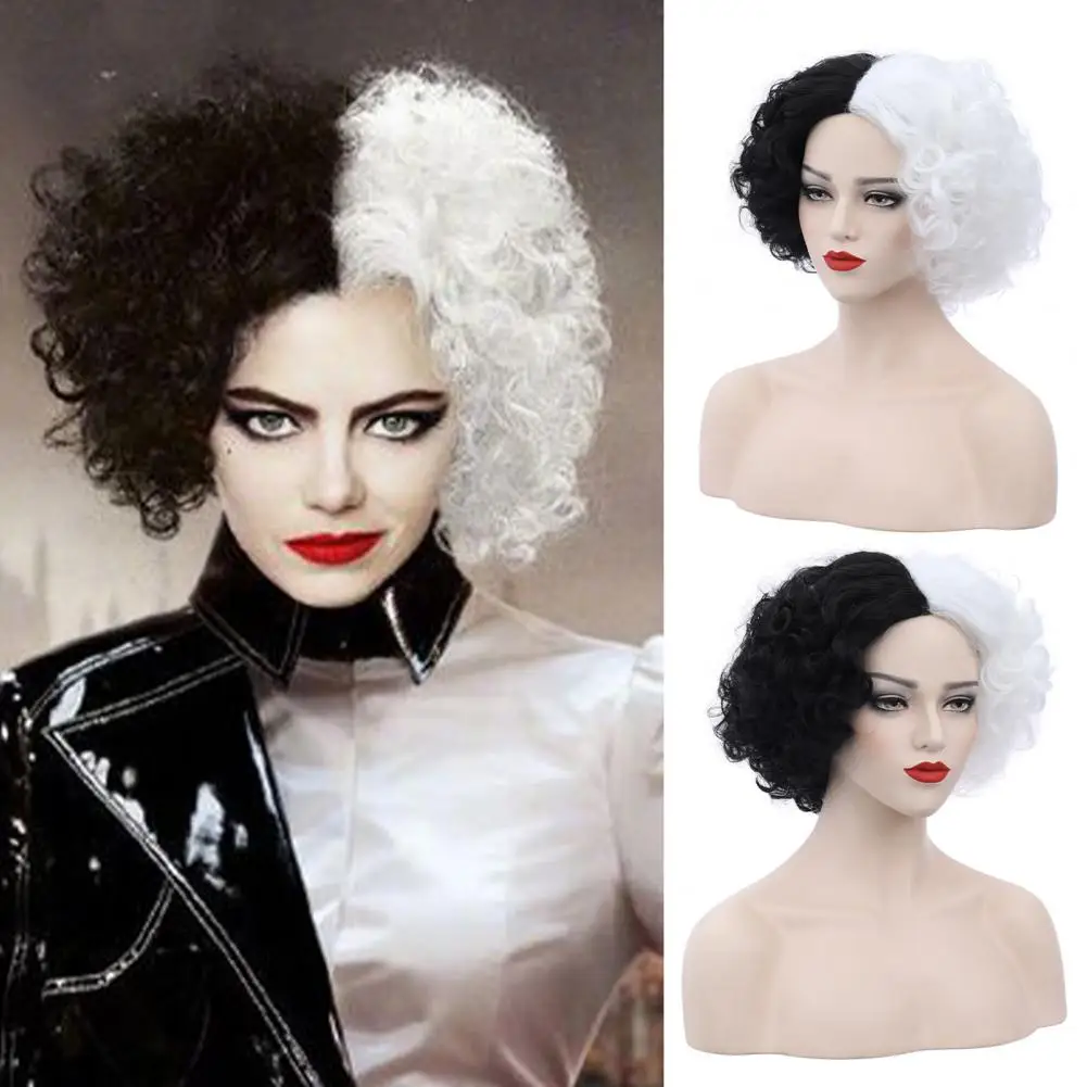 

30cm Cosplay Wig Fluffy Black White High Temperature Fiber Heat Resistant Comfortable Short Curly Wave Witch Wig For Halloween