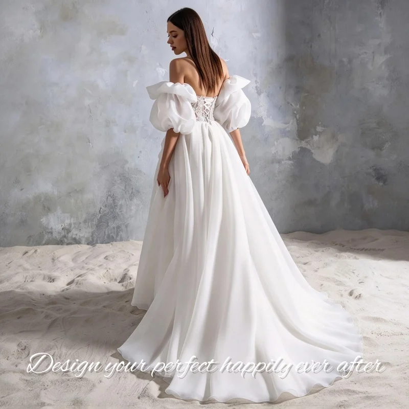 Romantic A-line Bridal Gown Sweetheart Neck Bubble Sleeve Lace Appliques Voile Wedding Dress Vestidos De Novia Customized