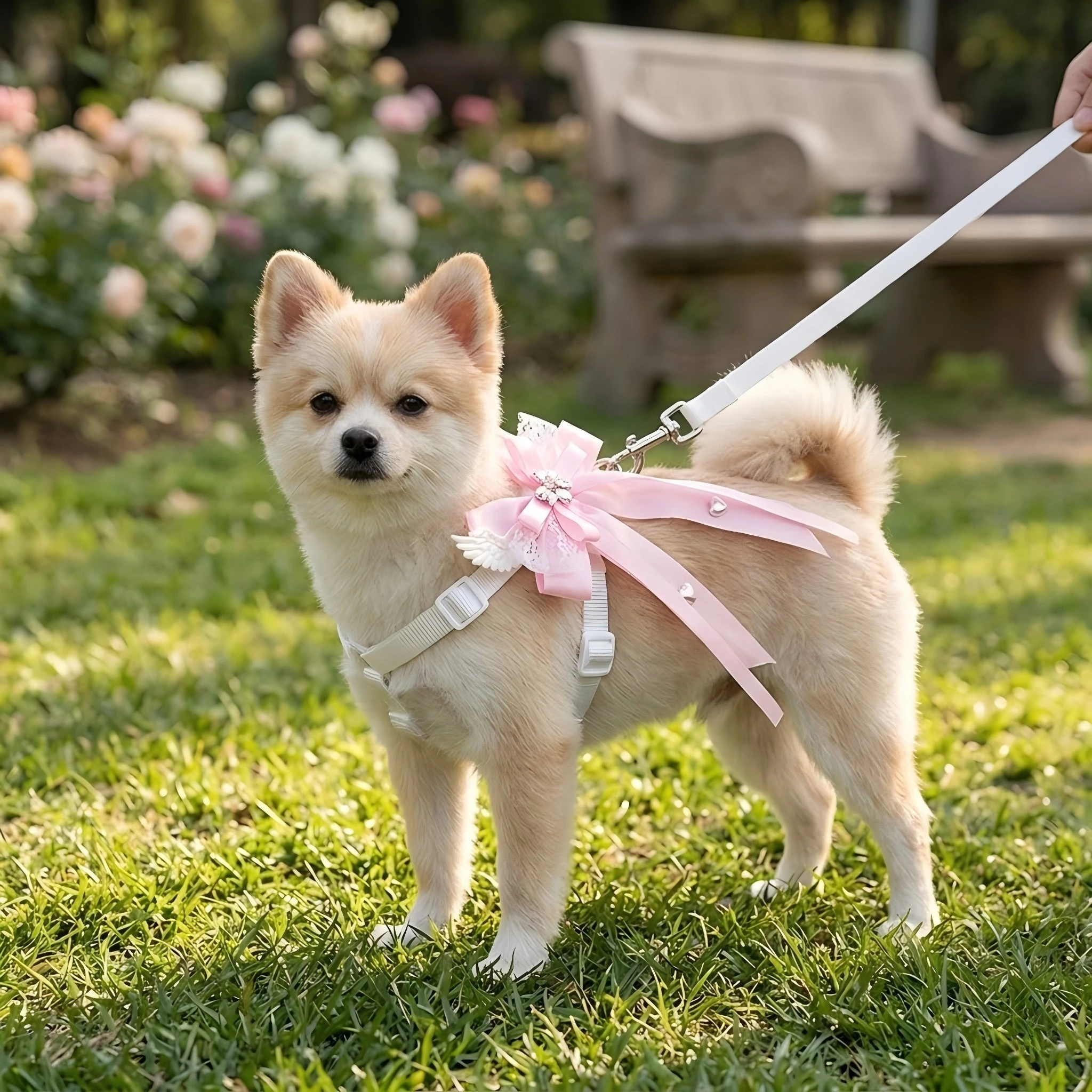 Luxury Pink Angel Wing Dog Harness Set – Elegant Lace Ribbon Small Dog Harness – No-Pull Adjustable Harness Princess Pet Apparel