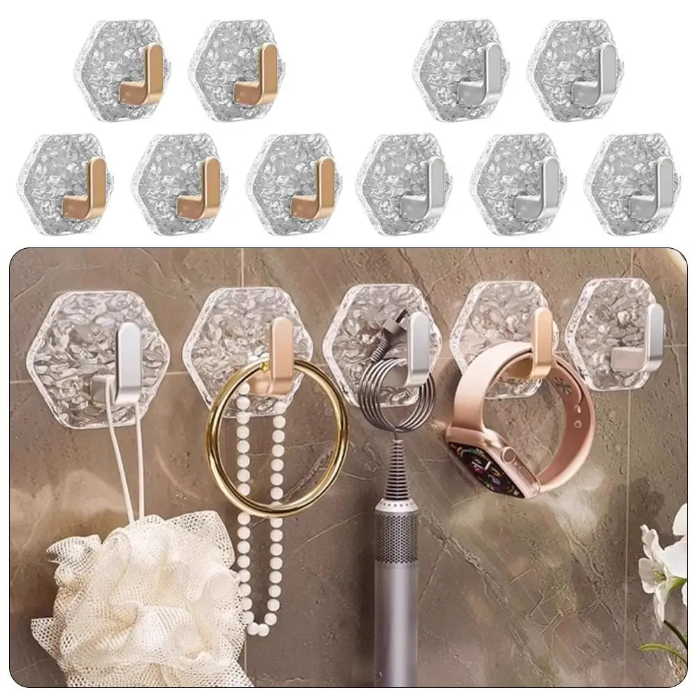 5Pcs Hexagonal Shape Self Adhesive Hooks Water Ripple Texture Waterproof Adhesive Hooks Heavy Duty Rustproof Wall Hooks