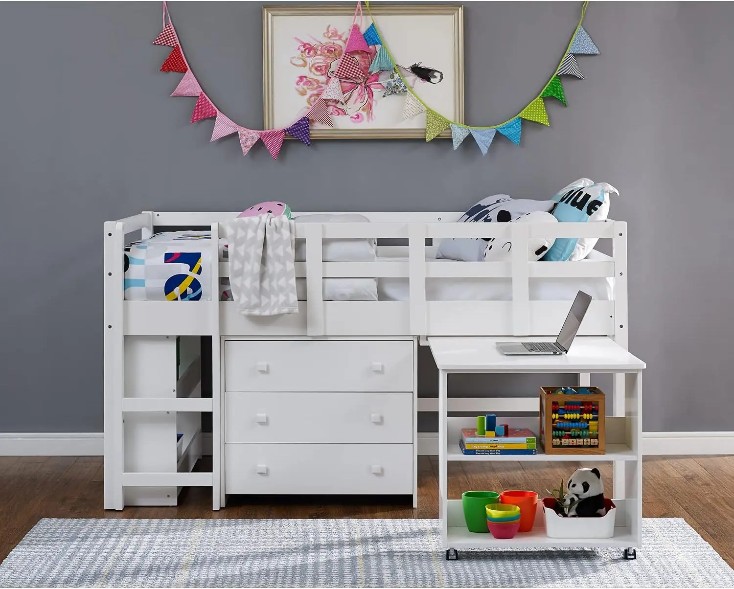 Cama alta doble con almacenamiento, escritorio, escalera de gabinete, madera de pino de estudio baja para niños, rieles de protección de seguridad, estante para librería, blanco