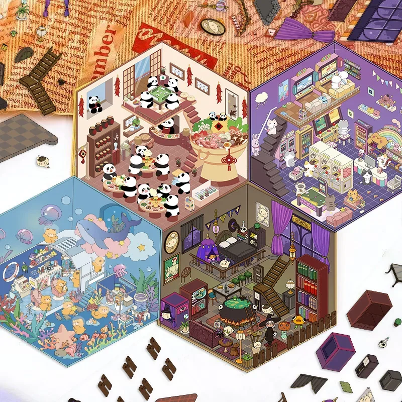 PET Cartoon Scenery Stickers Cute Miniature World 3D House Decompression DIY Scene Hand Account Stickers