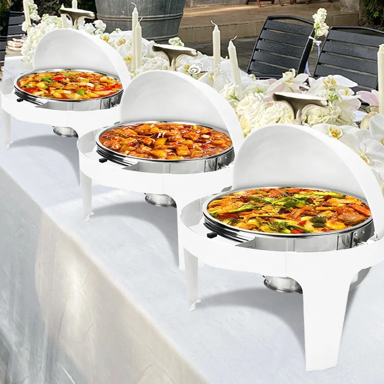 

Wedding Party Buffet Equipment Roll Top Chefing Dish 201 Stainless Steel Food Warmer White Chafing Dishes For Catering