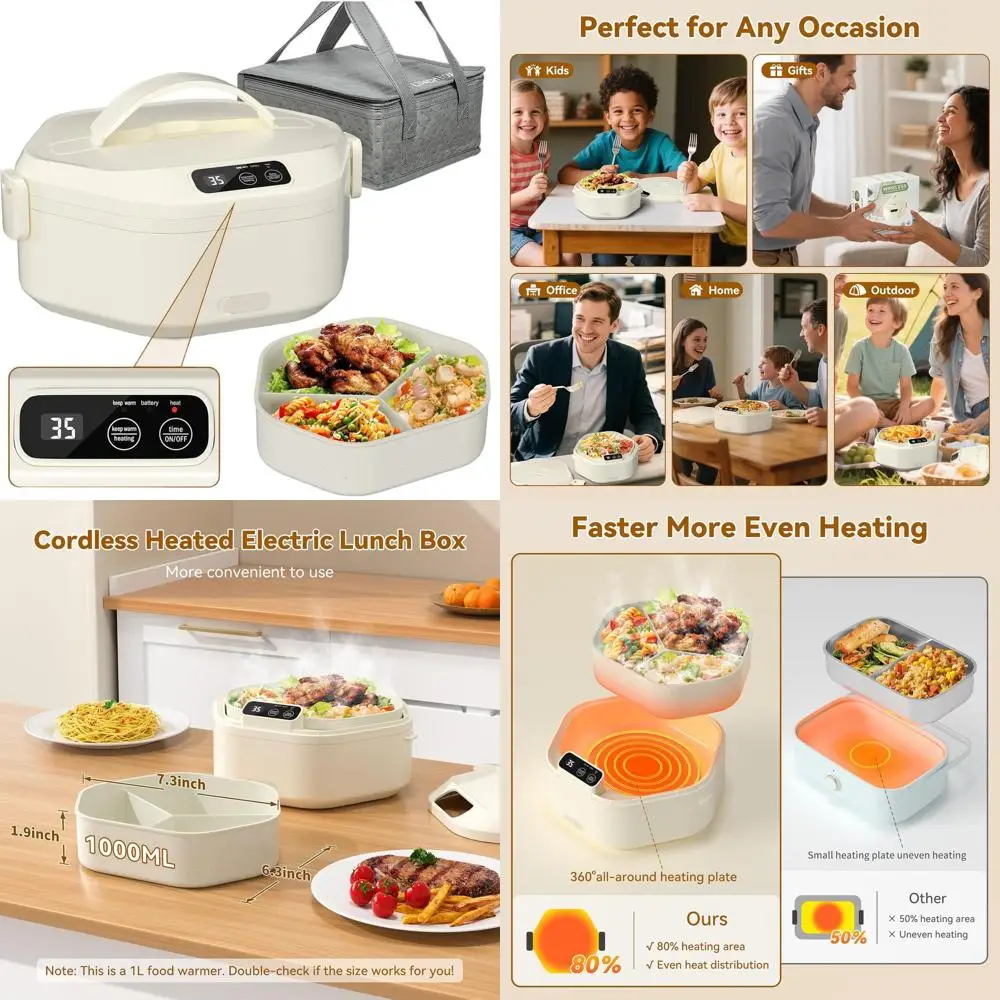 

Беспроводной ланч-бокс с подогревом, 1 л, аккумулятор емкостью 16000 мАч, быстрый нагрев, 3-секционный поднос для еды, портативный для путешествий и офиса