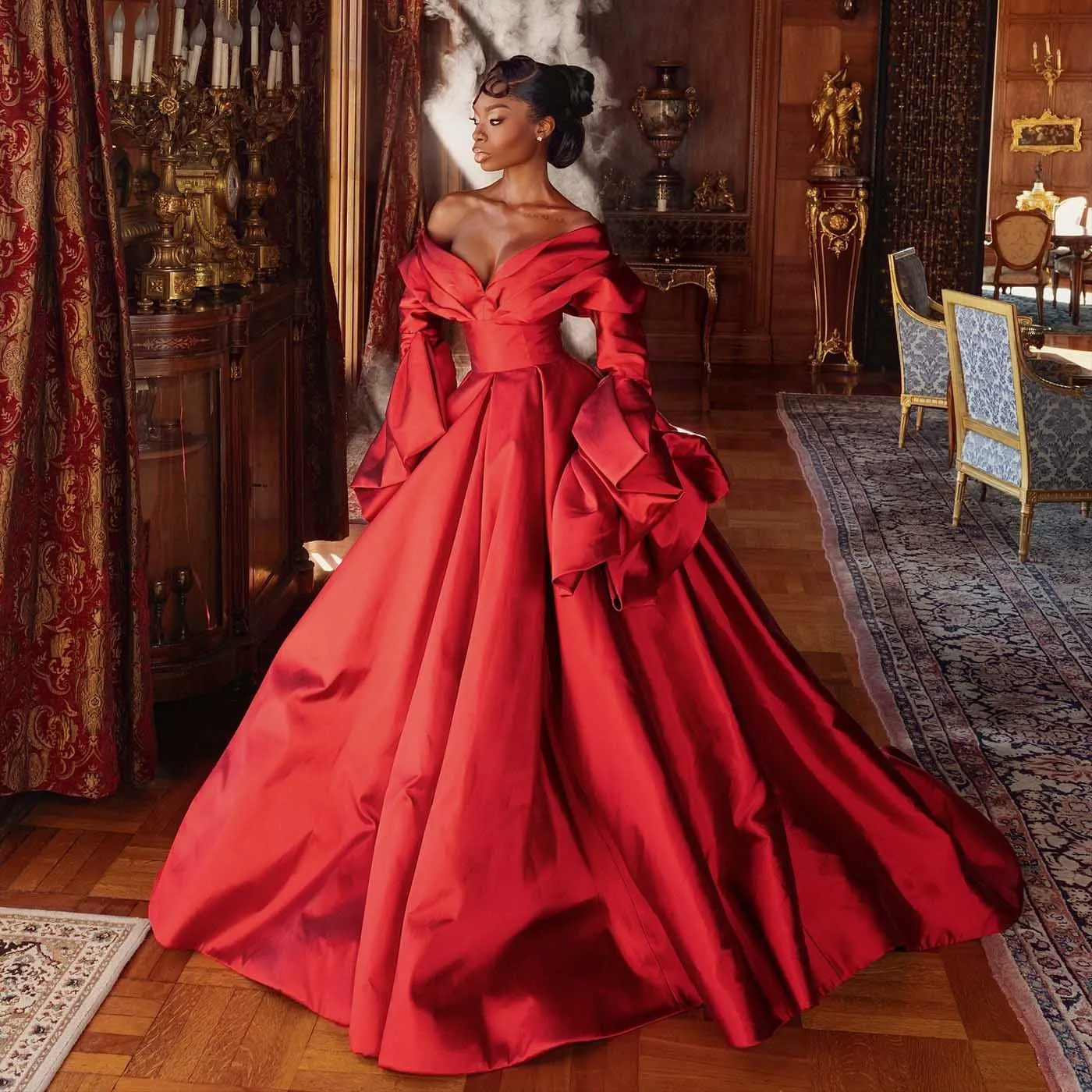 ドラマチックなレッドカーペットイブニングロングドレス2026カスタムボールドレスオフショルダー豪華なロングスリーブウェディングガウン花嫁ドレス撮影