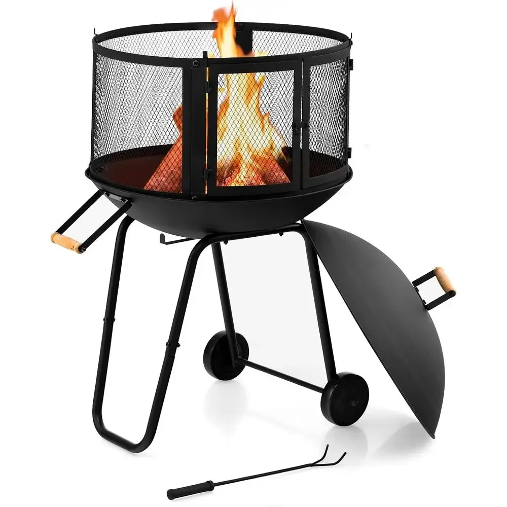 Portable 28 Outdoor Wood-Burning Fire Pit with Wheels, Log Grate, Poker, Steel Frame, and Metal Top for Camping and Entertaining