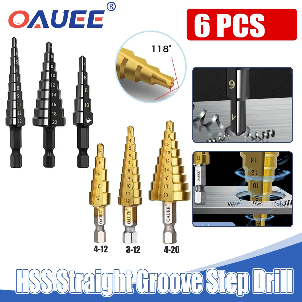 

6pcs HSS Straight Groove Step Drill Bit 3-12mm 4-12mm 4-20mm Nitride Black Hex Wood Metal Hole Cutter Core Drilling Power Tools