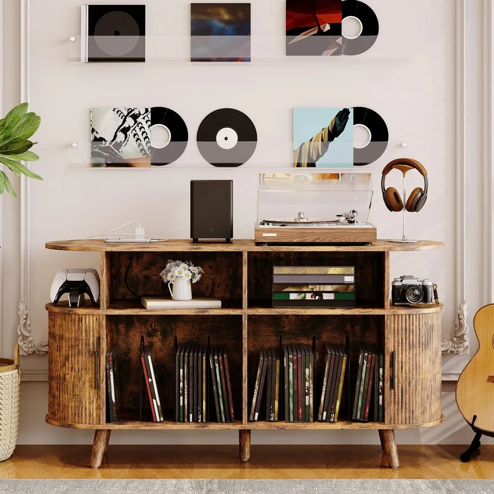 55'' Fluted Mid Century Modern Turntable Cabinet with Vinyl Storage Large Round Record Player Stand with Charging