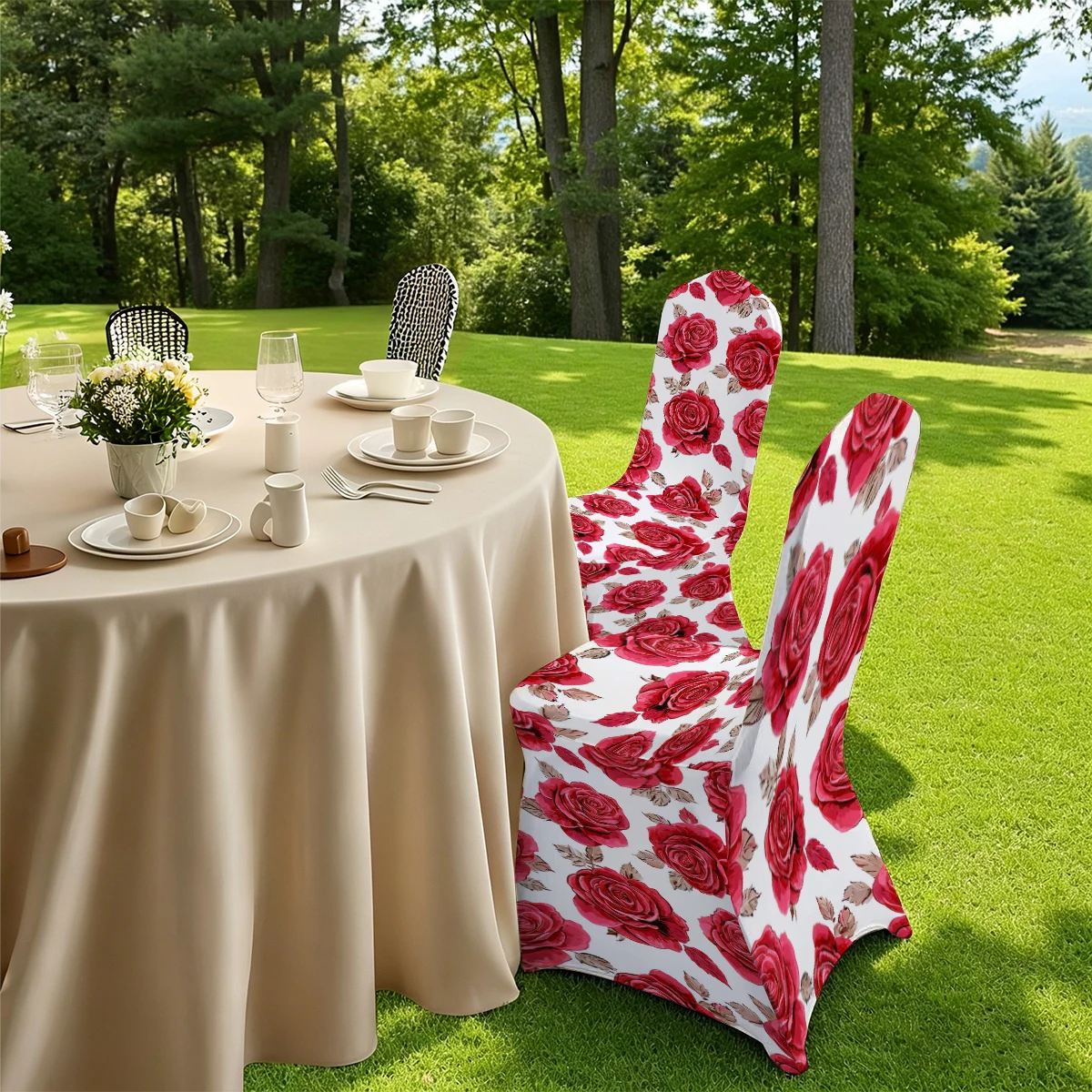 2D Stretchable Full - Coverage Chair Cover with Red Rose Print, Universal for Hotel, Home & Outdoor Use.