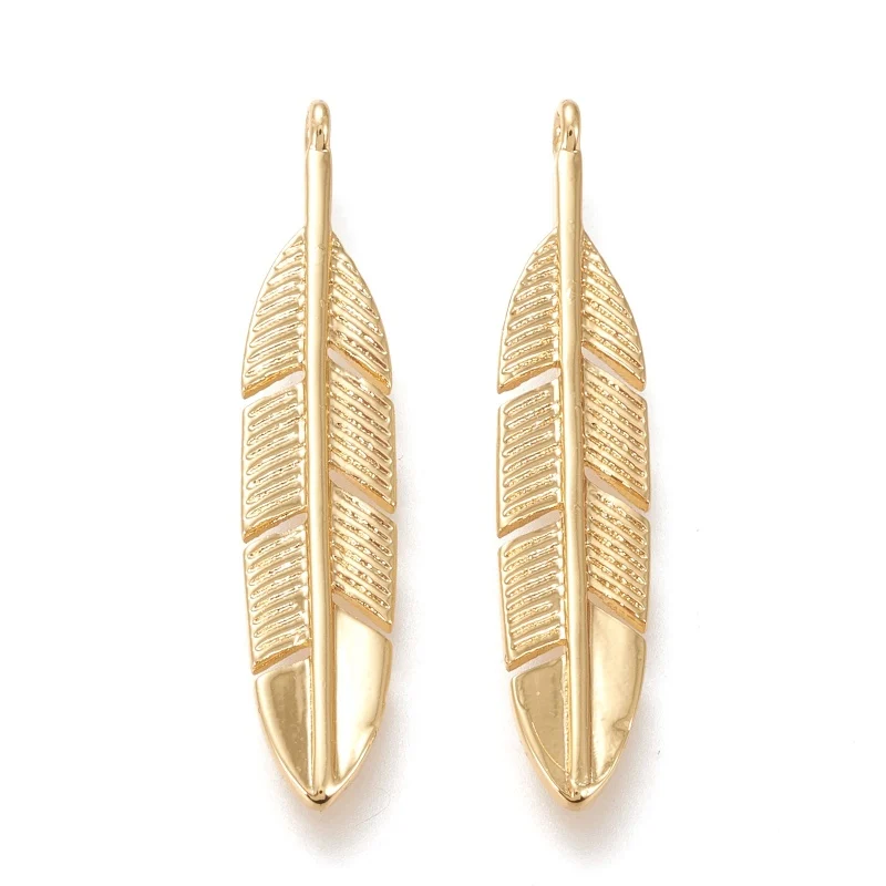 10pcs Brass Pendants Long-Lasting Plated Feather Real 18K Gold Plated 33x6.5x1.5mm Hole: 1.4mm