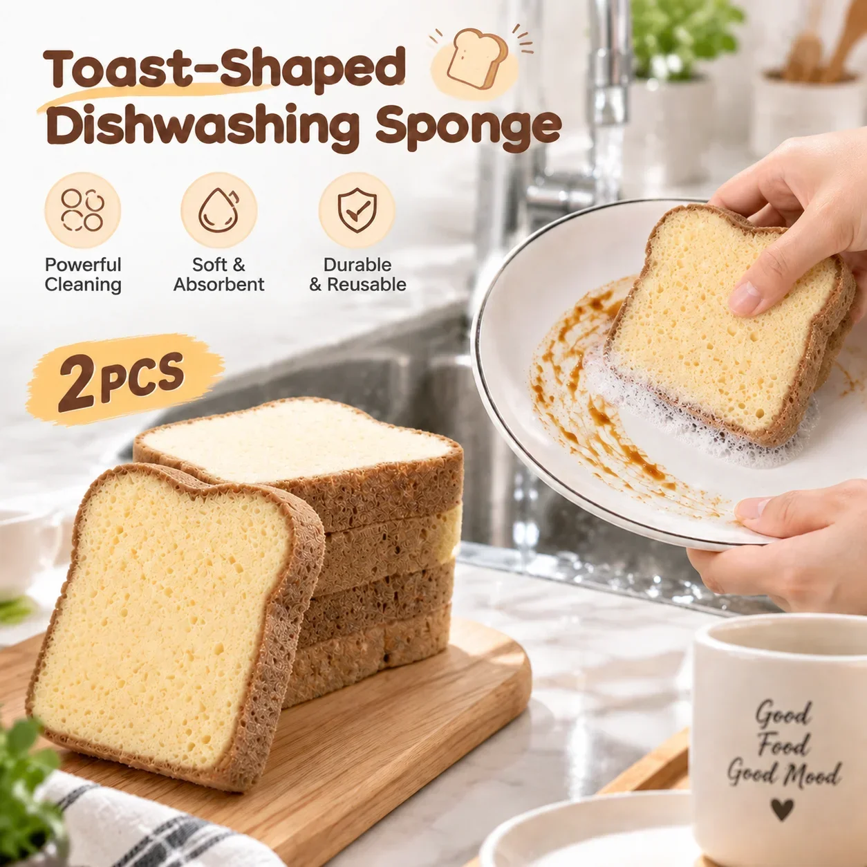 Cute Toast Bread Kitchen Sponge | Dual-Sided Dish Scrubber Washing Pad Cartoon Creative Home Household Cleaning Tool