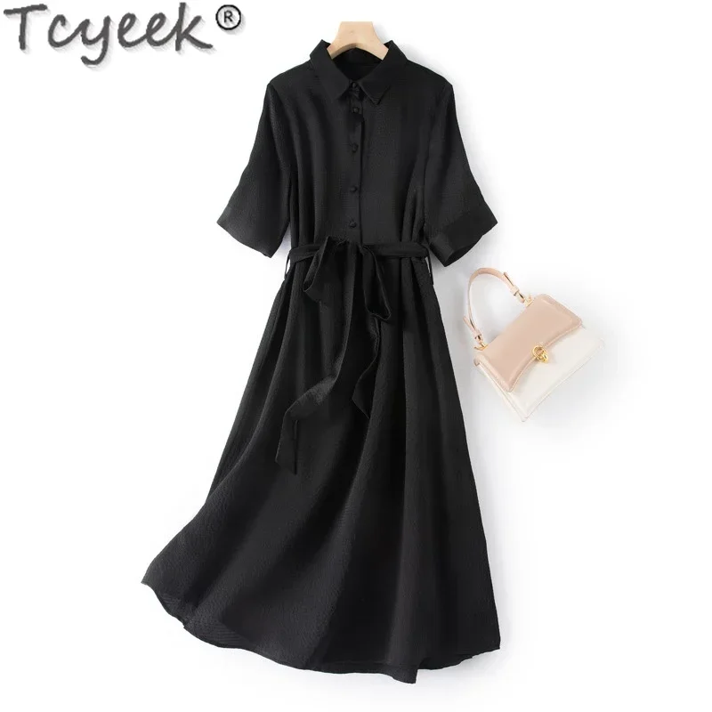 Tcyeek 93% vestido de seda amoreira vestido de festa feminino roupas de verão rendas elegantes vestidos femininos manga curta vestido feminino