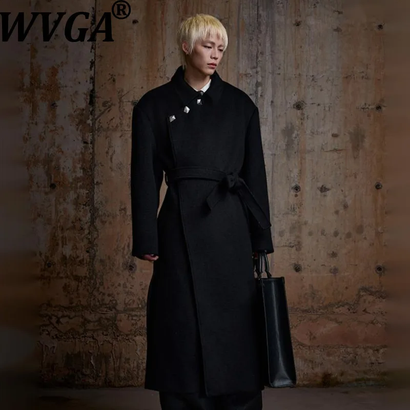 

WVGA Winter New Men High Street Darkwear Turn-Down Collar Trendy Button Wool Coat Niche Chic Casual Long Lengh Jacket Y2K W15273