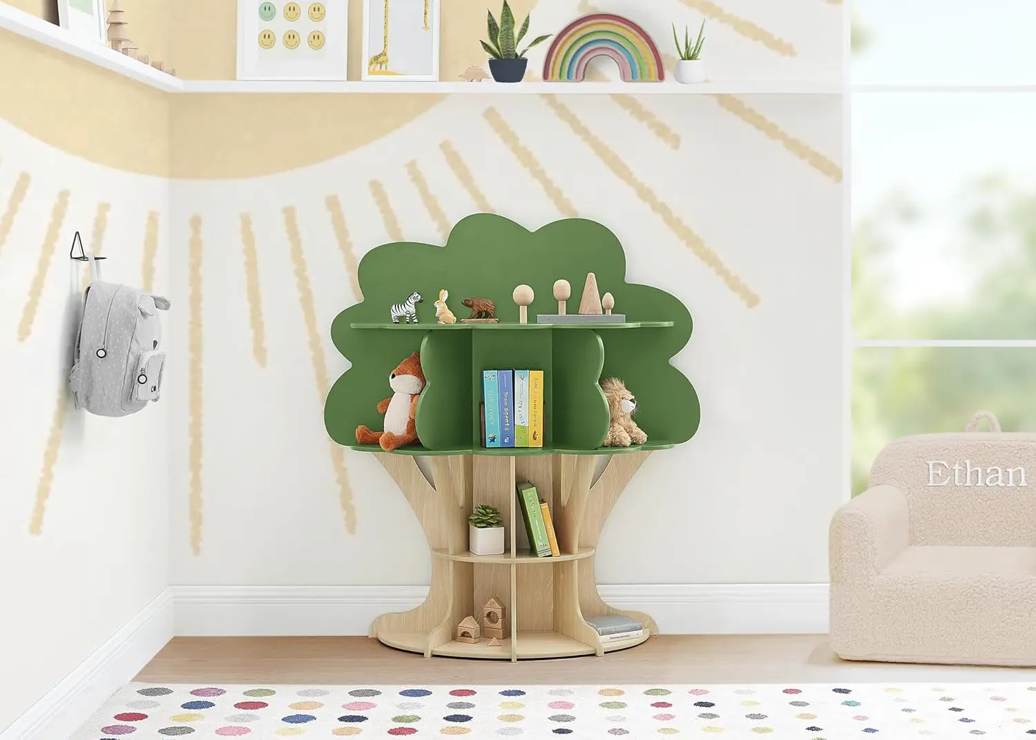 Children Tree Bookcase Gold Certified, Fern Green/Crafted Natural