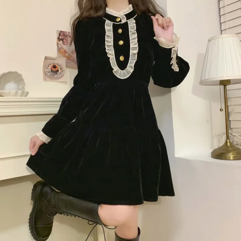 

Christmas French Elegant Women's Black Long Sleeve Dresses Retro Lace Aesthetic Velvet Mini Birthday Dress Cosplay Costumes