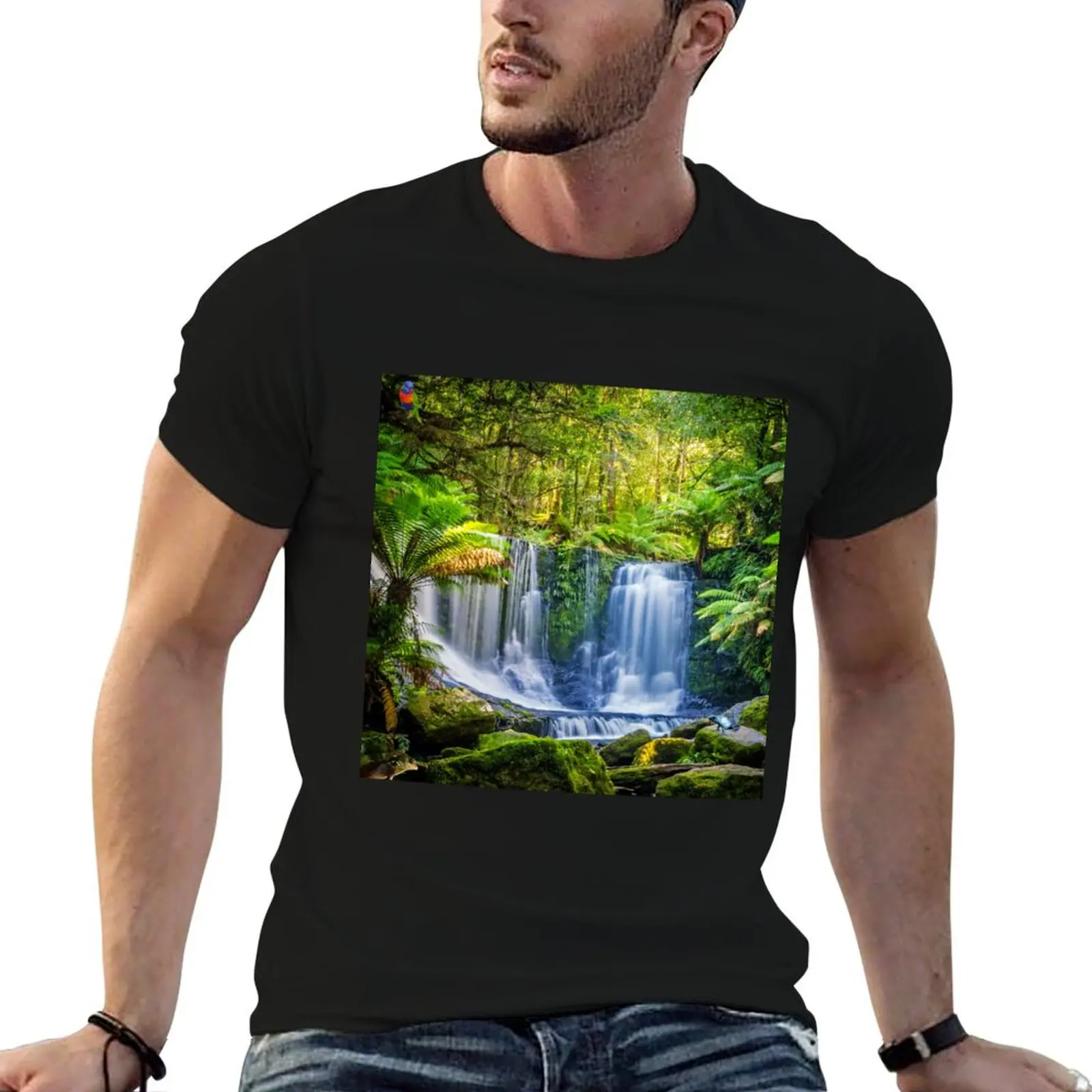 Tropical Exotic Rainforest Green Forest Waterfall T-Shirt Lightweight Running Sports T-Shirt