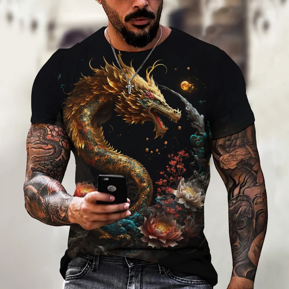 Summer Casual Men's Clothing Dragon Pattern Printing Fashion Animal Print Short Sleeved Tee Oversized T-Shirt Streetwear Tops