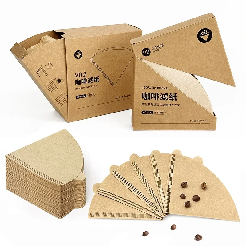 Carta da filtro per caffè in pasta di legno non sbiancata a forma di V a cono, dimensioni 1-2/2-4 persone, per versare sopra il caffè e macchine per caffè americano a goccia