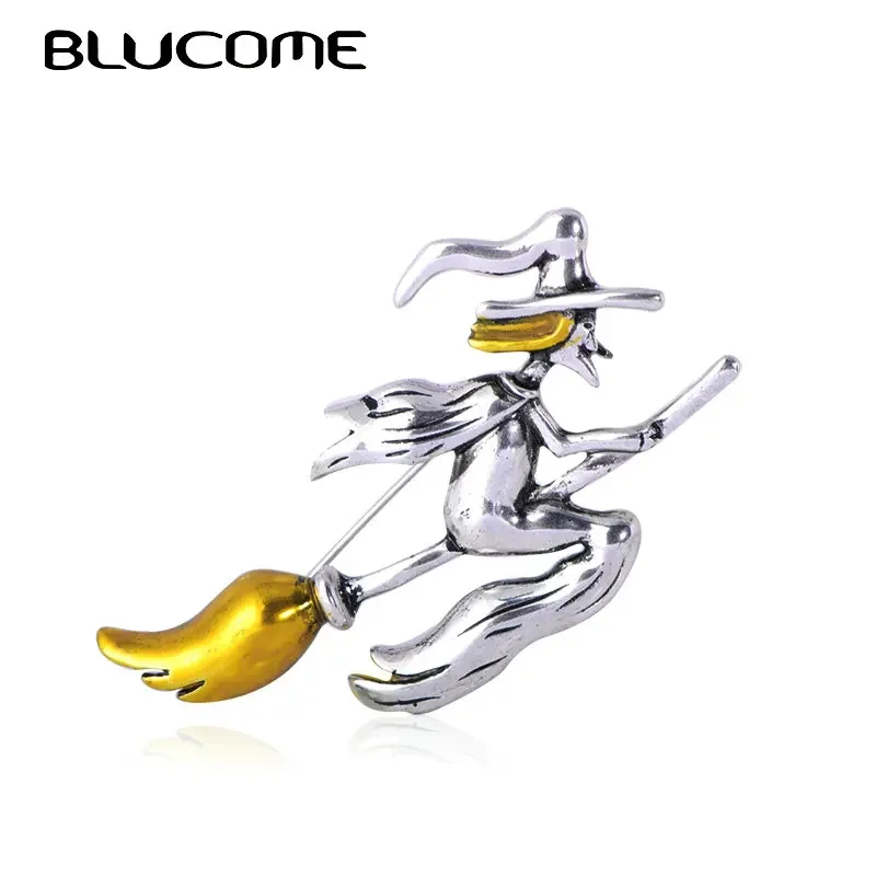 Blucome Enamel Flight Witch Riding A Broom Brooches Magical Halloween Gift Top Quality Yellow Hair Hat Brooch Women Accessories