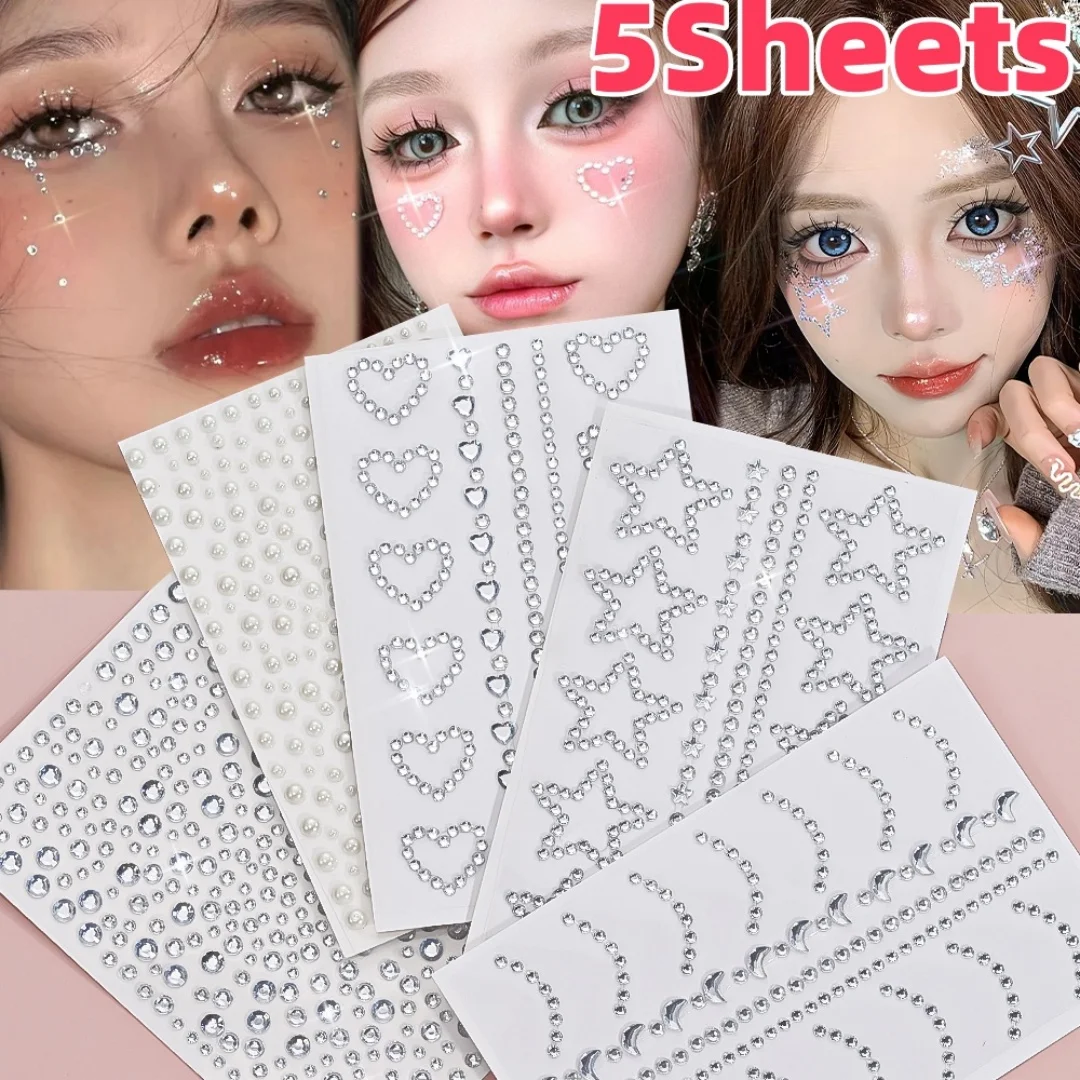 5Pcs 3D Clear Face Decorations Rhinestone Stickers Sparkling Star/Love Jewelry Adhesive Tattoo Sticker DIY Simulated Pearl Decor