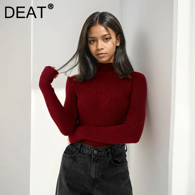 DEAT Fashion Solid Color Half High Collar Casual Bottoms Tops Trendy Versatile Knitted Pullover 2024 Winter New 33A2345