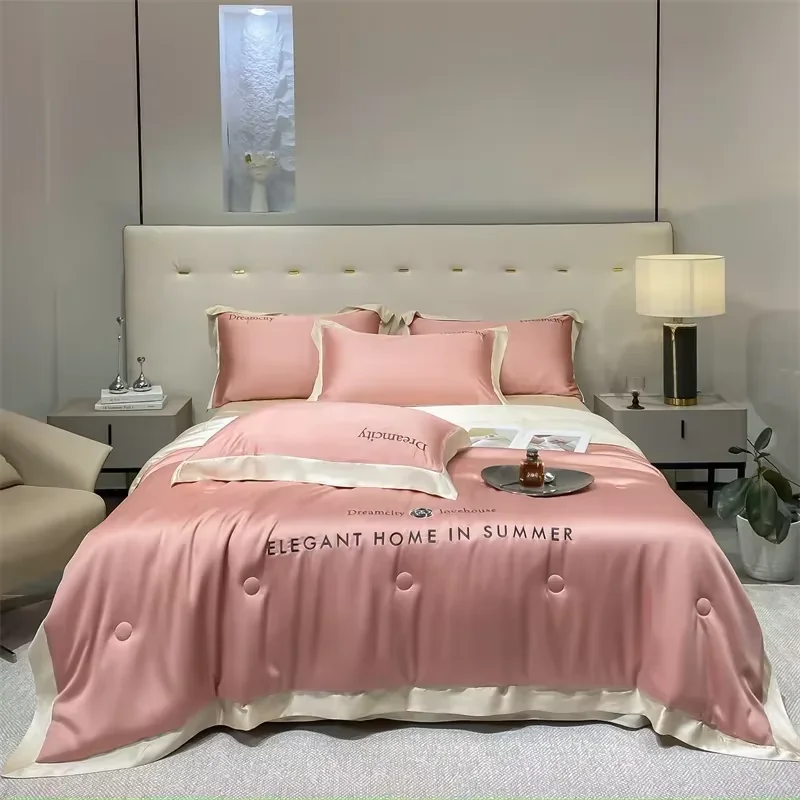 

Luxury European Style Ice Silk Summer Quilt Set High-end Embroidered Cooling Blanket 4/3/1 Pcs Sets Air Conditioning Comforter