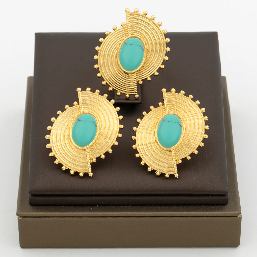 Afrikanisches Schmuckset für Frauen, Saphirblauer Stein, Ohrringe und Fingerring, Luxus-Set, 18 Karat Kupfer, vergoldet, Ohrring-Schmuckset