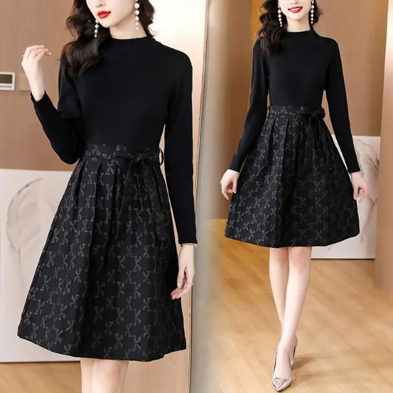 

Women's Clothing Waist Bow Dresses Fake Two Pieces Spring Autumn Chic Patchwork Casual Long Sleeve Basic Round Neck Midi Dress