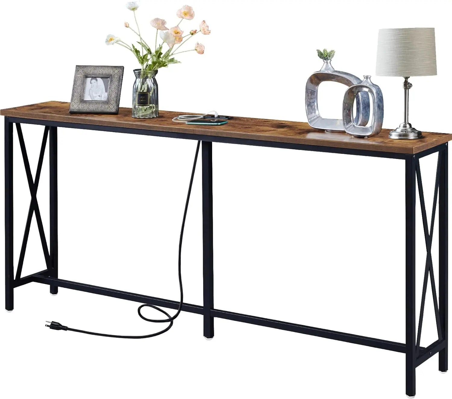 Inch Console Table with 2 Outlet and 2 USB Ports, Extra Long Entryway Table with Metal Frame and X-Shaped Design