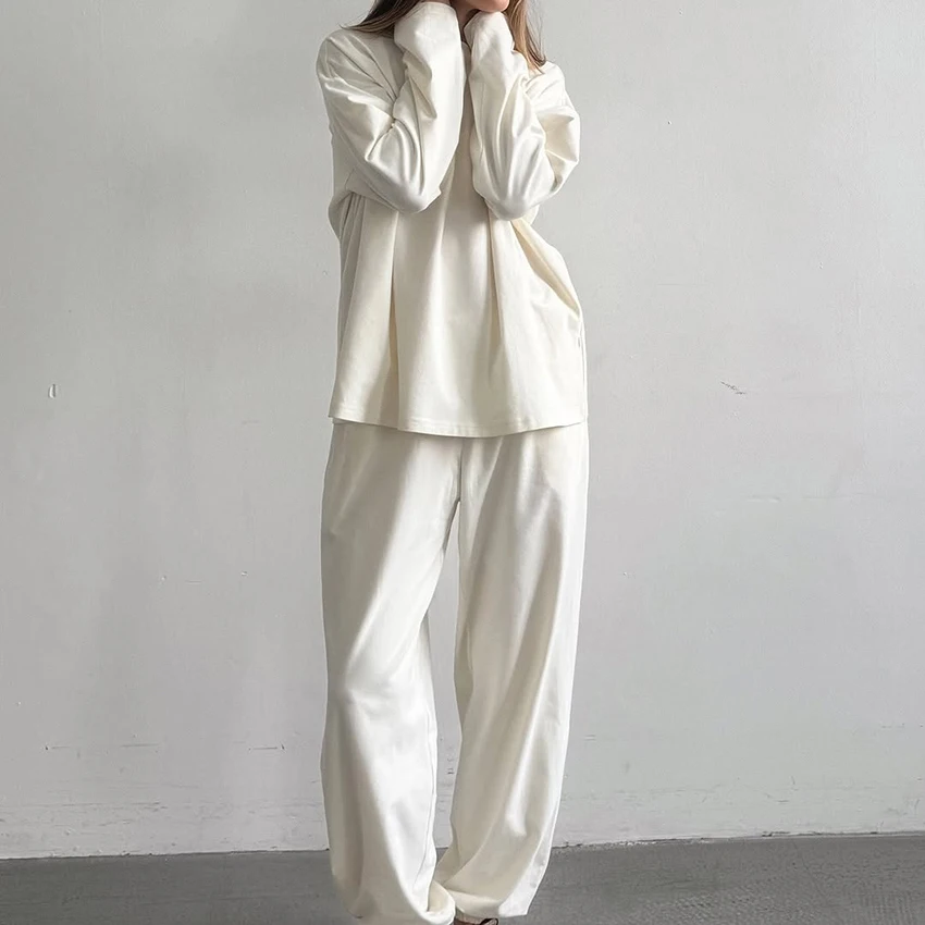 HiLoc Apricot Casual Knit Elastic Ladies' Pajamas 2 Piece Long Sleeve Round Neck Top Elastic Waist Full Length Pants 2026 Fall