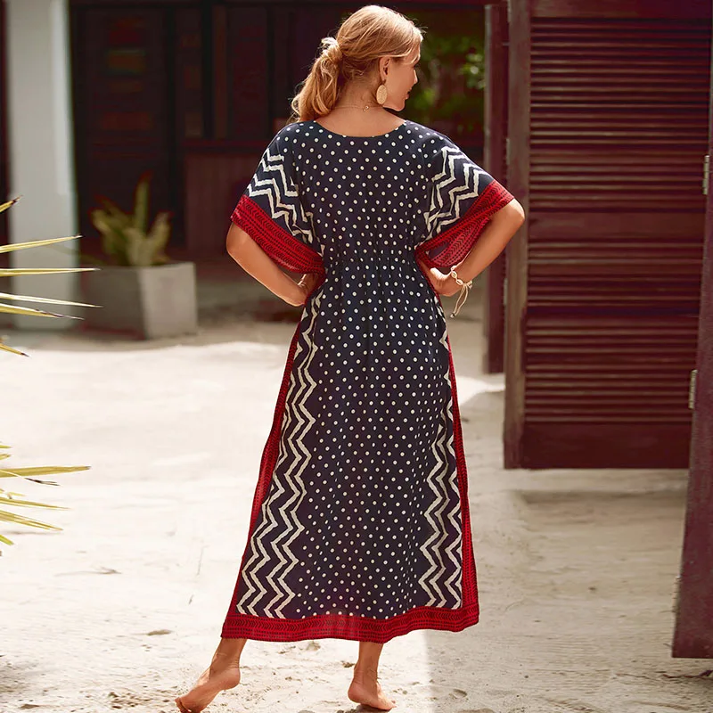 Charming Handblock Print Kaftan Elegance Women Maxi Dress White Polka Dots Red Hem Chic India Caftan Comfy Rayon Beach Cover Ups