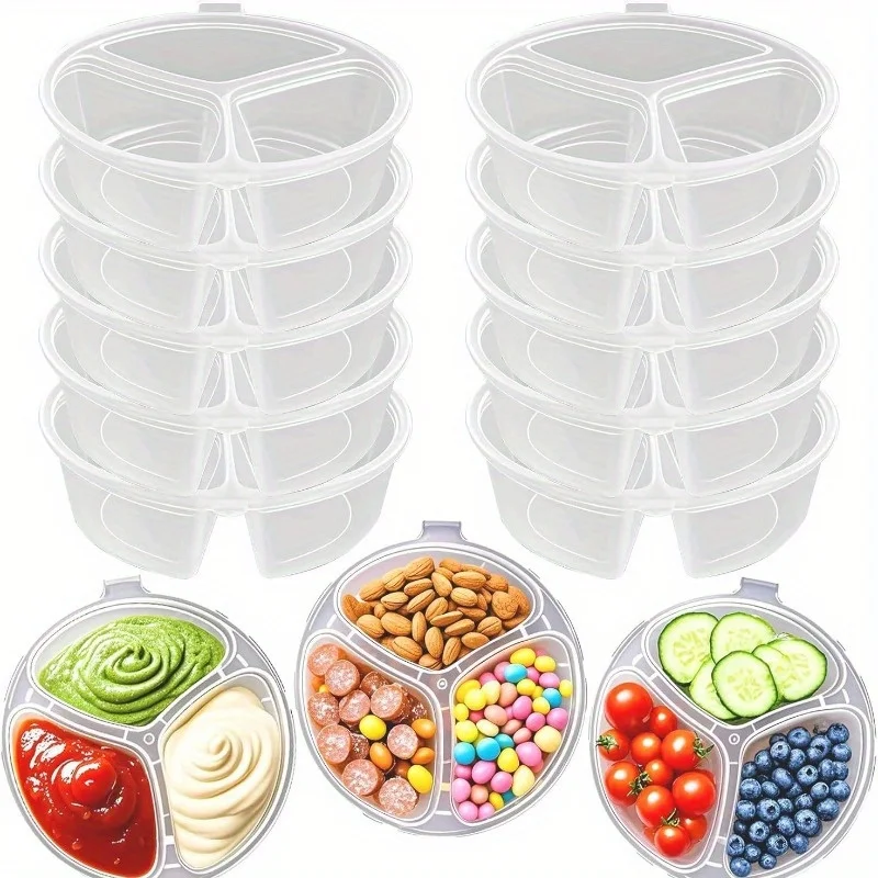 Round 3-Compartment Disposable Food Containers with Lids - Leak-Proof Seal for Meal Prep, Picnics, Party, Restaurants & Catering