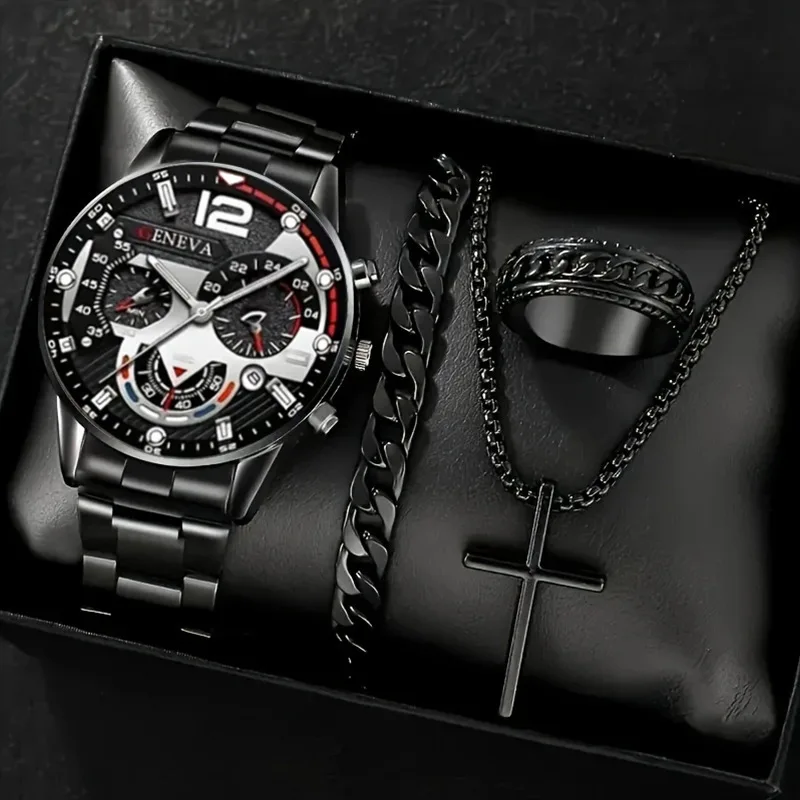 4-Piece Men's Quartz Watch - Fashion Wristwatch, with a Set of Ring, Necklace and Bracelet