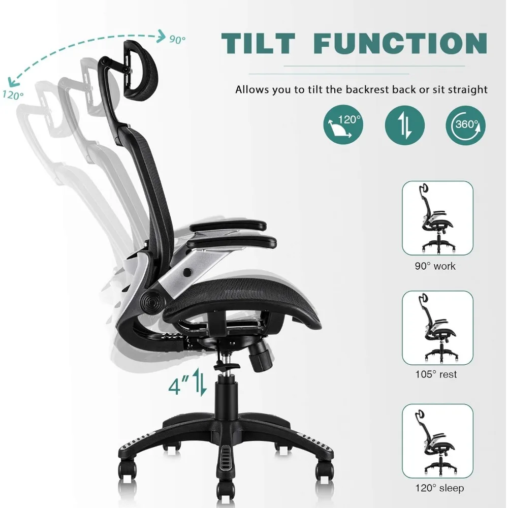 Silla de oficina de malla ergonómica, silla de escritorio de espalda alta, reposacabezas ajustable con brazos abatibles, función de inclinación