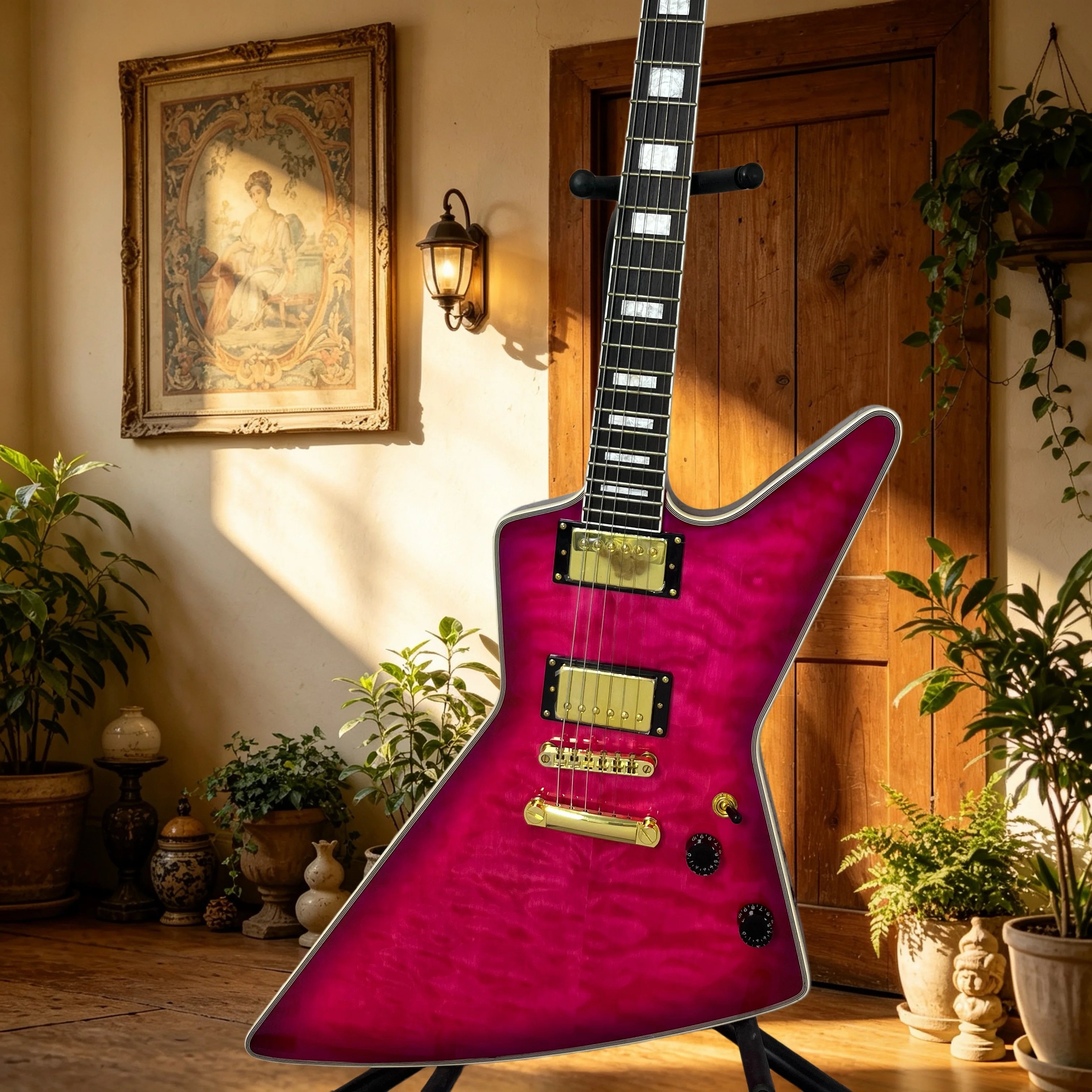 Electric Guitar Rose Red Water Ripple Female Oriented Heavy-duty Piano Rich Sharp Balanced Metal Tone Solid Wood Body Dual Knob
