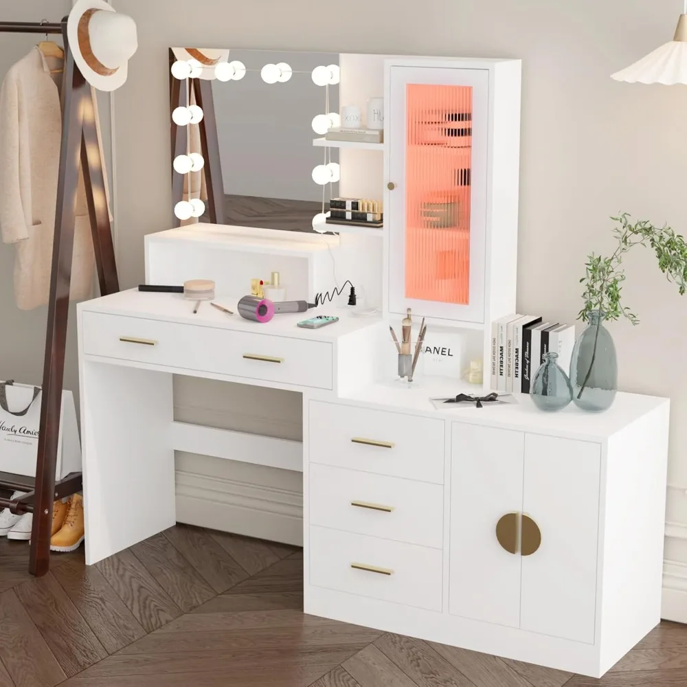 Vanity Desk with Mirror, 4 Drawers, 3 Cabinets, 10 LED Lights in 3 Lighting Modes, Charging Station, Large Makeup Vanity Desk