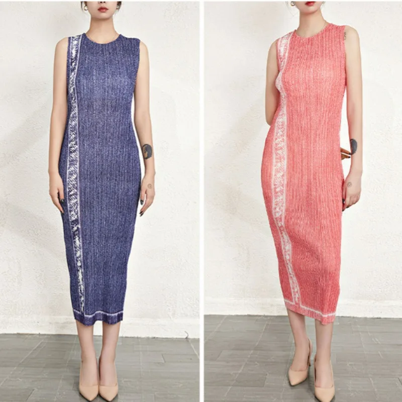 

Miyake Pleated 2026 New Spring and Summer Casual Retro Denim Color Pleated Mid-length Dress Sleeveless Undershirt Dresses Pleats