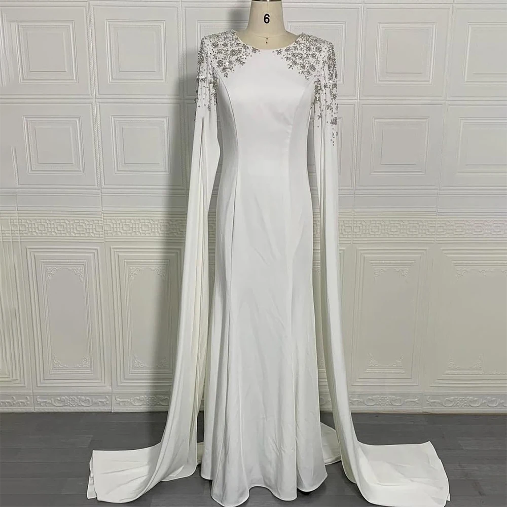 Elegant Dubai White Cap Evening Dresses Formal O-Neck Chapel Train Draped Straight Dress for Elegant Women Customized Gowns