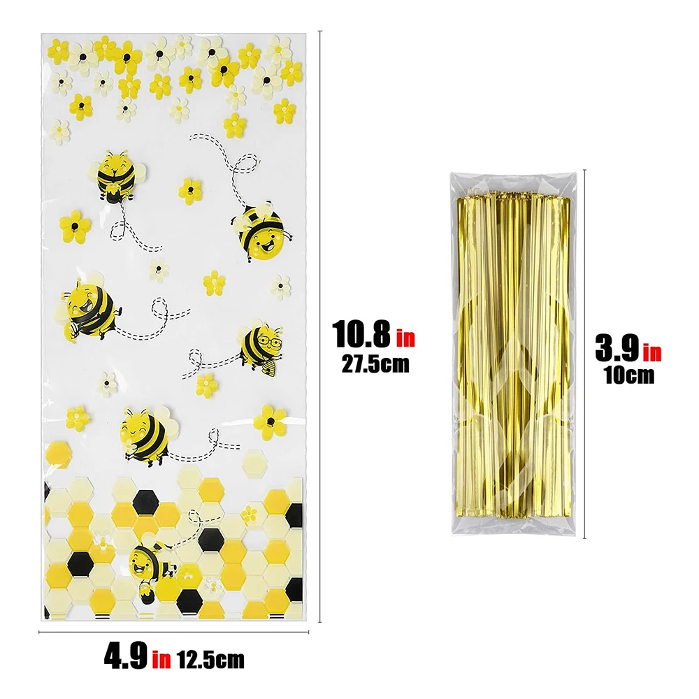 50Pcs Bee Clear Candy Bags Yellow Honey Bee Cellophane Candy Bag with Twist Ties Packing Bags for Baby Shower Birthday Party